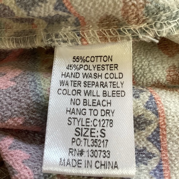 Umgee Border Bell Sleeve Dress -Natural Size Small Off Shoulder Shift Mini Dress - Picture 11 of 11